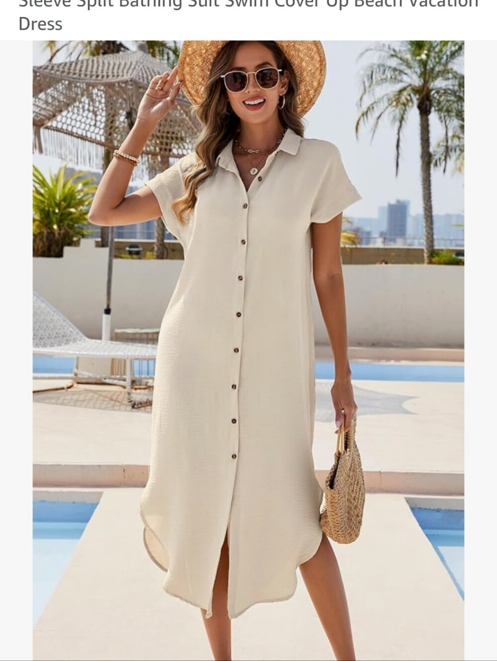 Button-Front Cream Shirt Dress Cover-Up